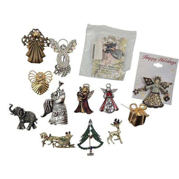 13 Decorative Brooch Pins Christmas Angels Elephant Enamel Rhinestones - Picture 1 of 5